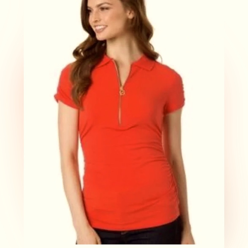 Michael Michael Kors Orange Short Sleeve Ruched polo Zipper Top Size Large